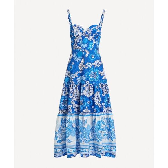 Farm Rio Full of Flowers Organic Cotton Midi Dress Blue Sz Small - Picture 2 of 10